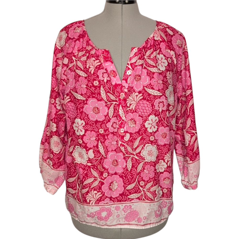 Talbots Floral Paradise Print Popover cotton blouse with 3/4 sleeves, size XLP